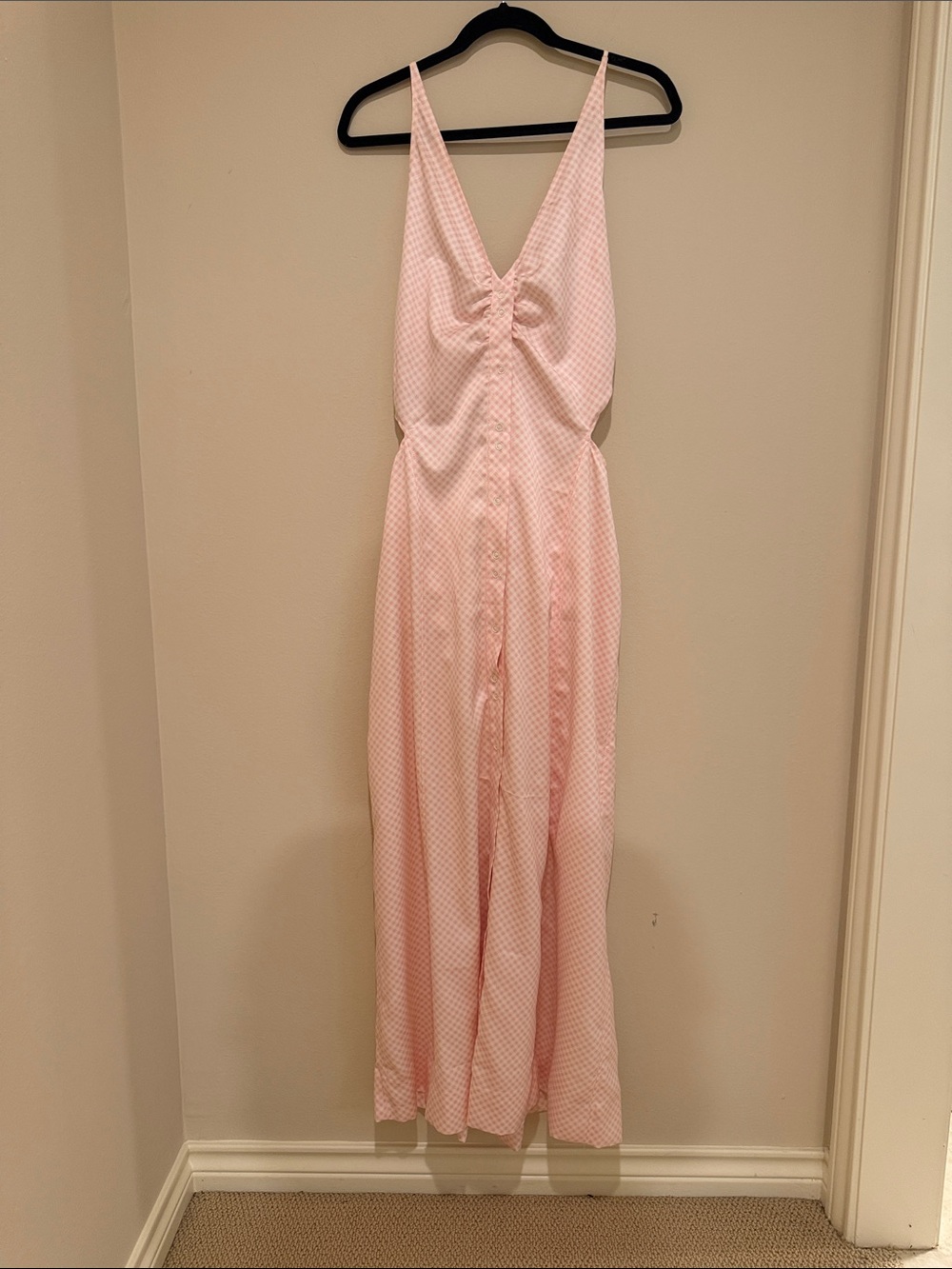 Ganni Light Pink V-Neck Maxi Dress with Subtle Pattern